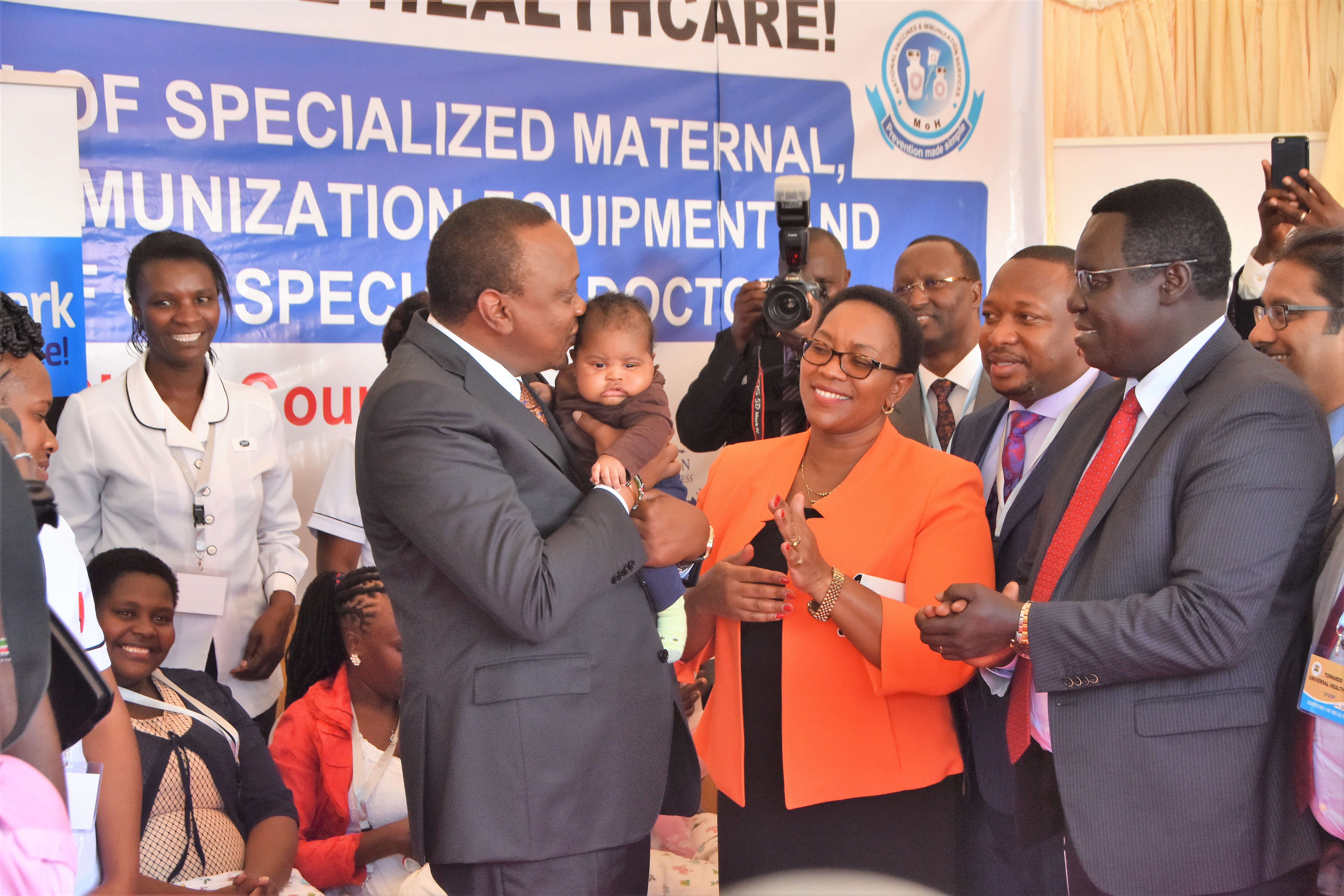 President Uhuru Kenyatta, the CS and the PS ath the launch of accelerated vaccination campaign